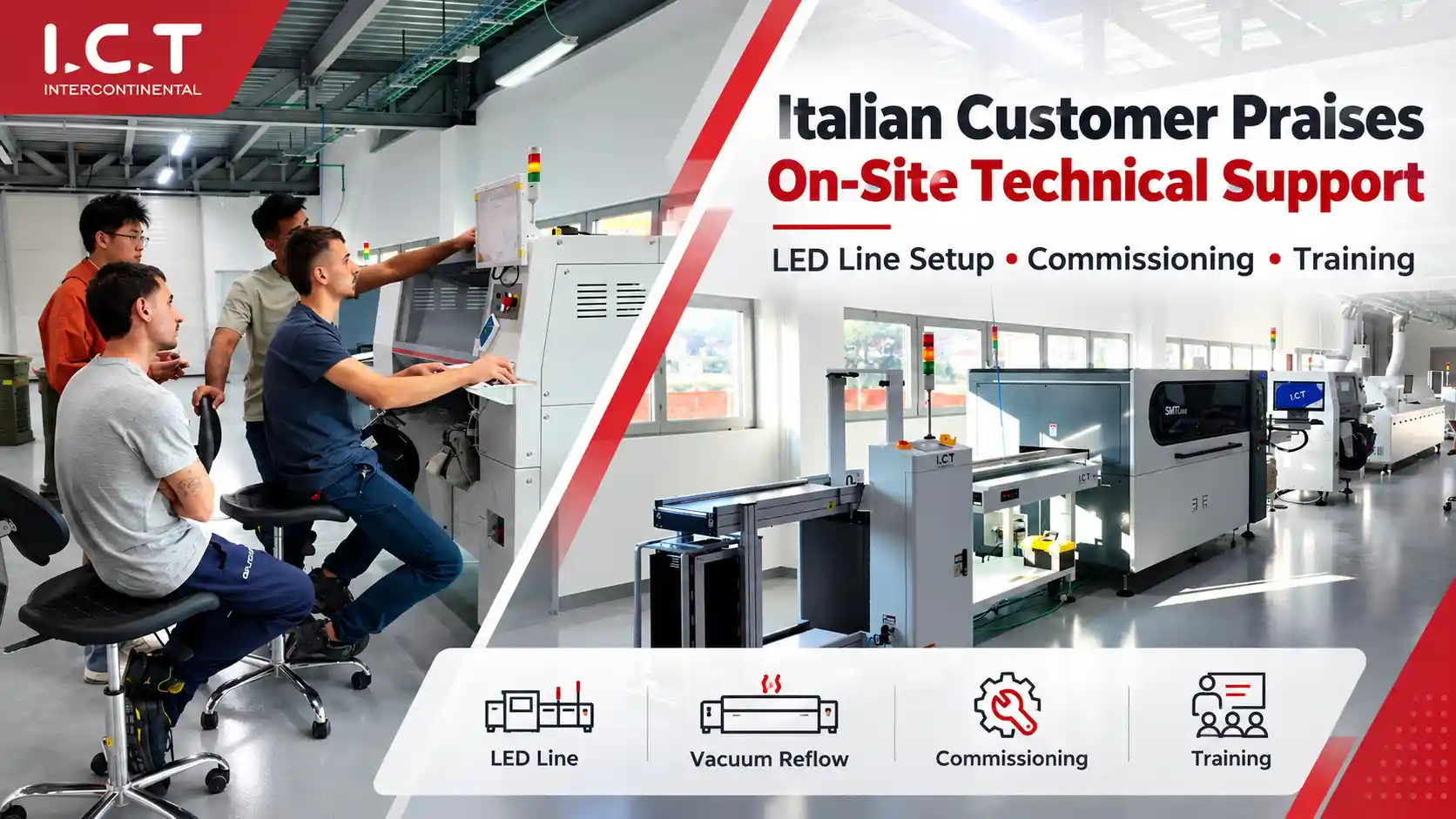 Il produttore italiano di LED elogia il supporto tecnico in loco di I.C.T per la nuova linea di produzione di LED.webp